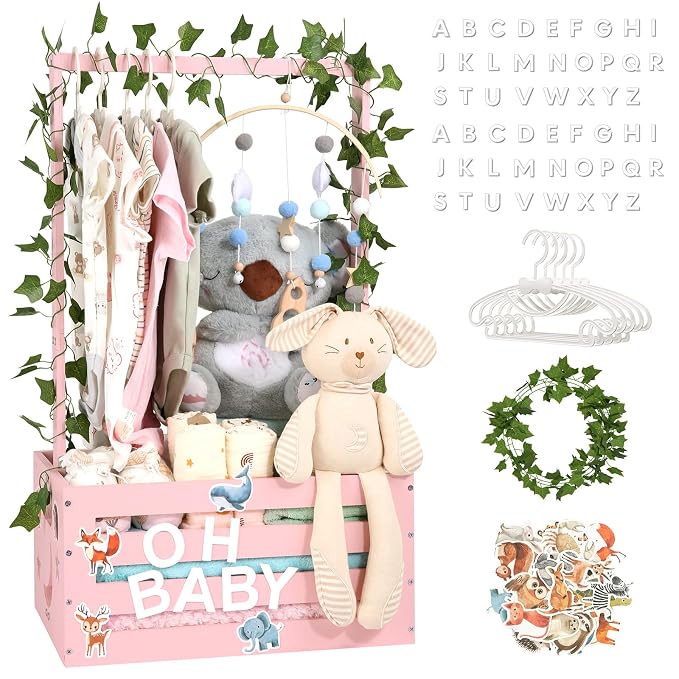 Large Baby Shower Gifts Basket Wooden Crate, Personalized Wooden Letters Hangers New Born Baby Girl Boy Pregnancy Gifts for New Mom Parents Vine Decorations Cute Closet with Adjustable Handle Pink