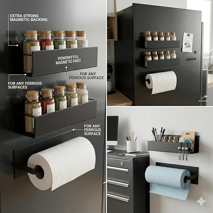 AALFA Magnetic Spice Rack for Refrigerator - Black Fridge Organizer with Paper Towel & Wrap Holder - 4 Bonus Hooks Included - 2 Pack Heavy Duty Side Shelf Storage for Spices, Oils, Foil - White