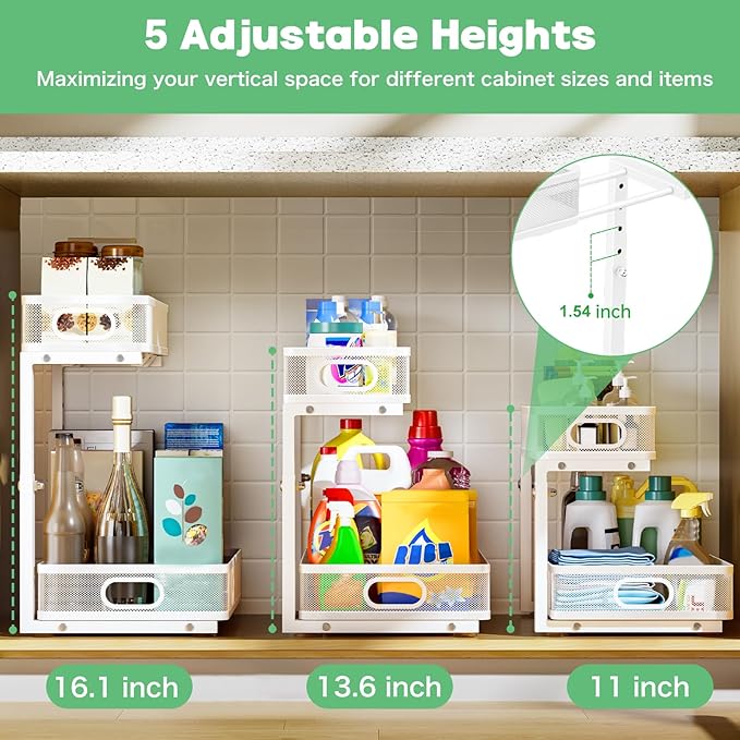 Under Sink Organizer 2 Pack, High Adjustable 2 Tier Under Sink Organizers and Storage, Slide out Metal Cabinet Organizers, Pull out Storage Drawer Shelf for Kitchen Bathroom Cabinet