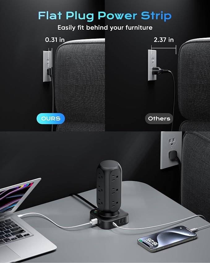 TenTrend Power Strip Tower, 4.8A Fast Charging Tower, 5 FT Extension Cord | 12 AC Outlets & 8 USB Ports (4USB-C), Flat Plug Charging Station for Home, Office, Dorm Room