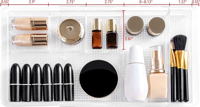 Oubonun Expandable Drawer Organizer 11.1” to 19.2” Width, Shallow Cosmetic Organizer 1.3” Height, 2 Packs, Clear Plastic Storage Trays for Dressing Table,Bathroom