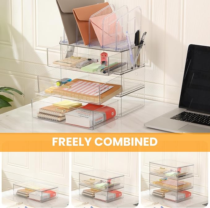 LALOBLUE Acrylic Desk Organizer with 4-Vertical File Holder Rack, 3-Clear Drawer and 2 Pen Holders, Desktop Storage for Office Desk Accessories School Classroom Organization (Clear)