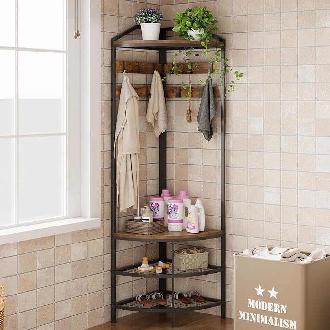 GiftGo Corner Hall Tree with Shoe Bench Entryway Coat Rack with 10 Metal Movable Hooks Floor Standing Clothes Rack Shoes Shelf Organizer for Home Office Bedroom (Rustic Brown)