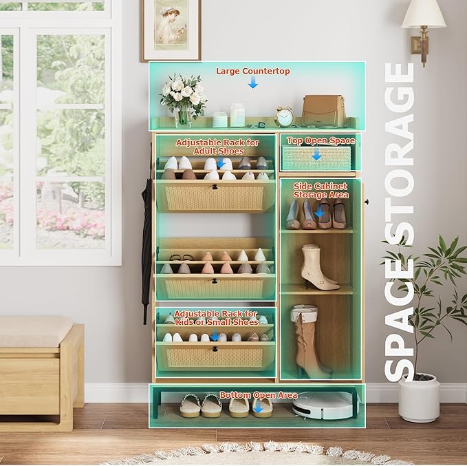 Garvee Shoe Cabinet with 3 Flip Drawers and 4-Tier Shoe Storage Cabinet, Freestanding Shoe Organizer with Adjustable Shelf and Rattan Doors for Entryway, Closet, Hallway