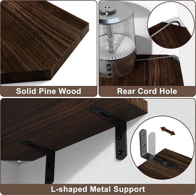 Alsonerbay Pine Wood Corner Shelves with Cord Hole 2-Pack, Carbonized Black | Diamond-shaped, cable management, 40 lbs/shelf, 0.79" thick pine, L-shaped metal brackets, for router & media devices