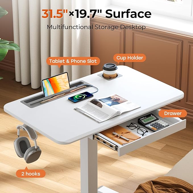 32" Mobile Desk with Drawer, Rolling Standing Desk on Wheels | Height Adjustable Desk with Cup Holder and Hooks, Portable Laptop Cart with Storage for Home Office, White