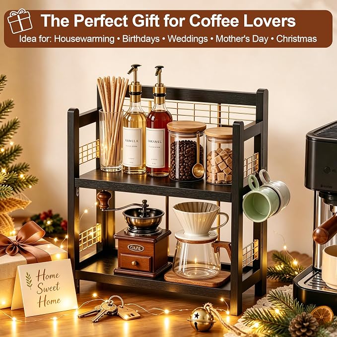 No-Assembly Coffee Bar Organizer, 2-Tier Coffee Station Shelf | Foldable Oak Wood Shelf, Coffee Station Accessories Storage for Syrup & Pods, 3 Hooks for Mugs, Kitchen Spice Rack, Black
