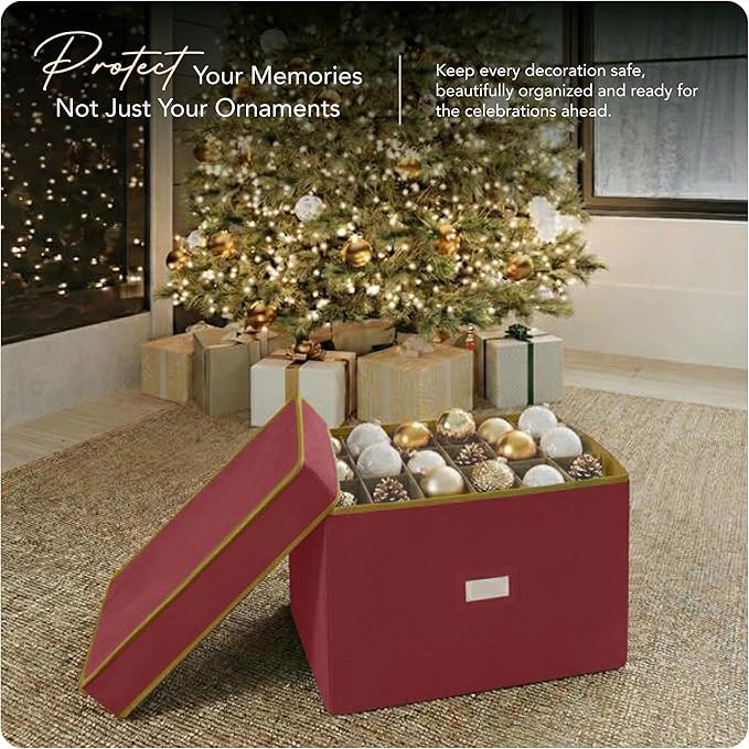 Covermates Keepsakes Adjustable Ornament Storage Box – Heavy-Duty Polyester, Padded Dividers & FlexGrid Trays – Protective Holiday Organizer with Stackable Walls & Label Window, Red