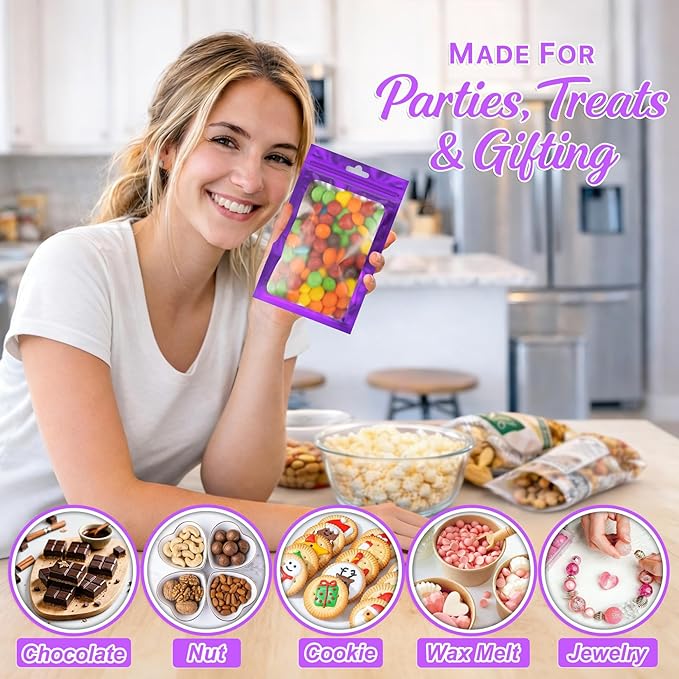100 PCS Resealable Mylar Bags with Zip and Frosted Clear Window Smell Proof Packaging Bags Foil Pouch Zipper Bag for Food Self Sealing Storage Supplies (Purple, 6.29x9.44)