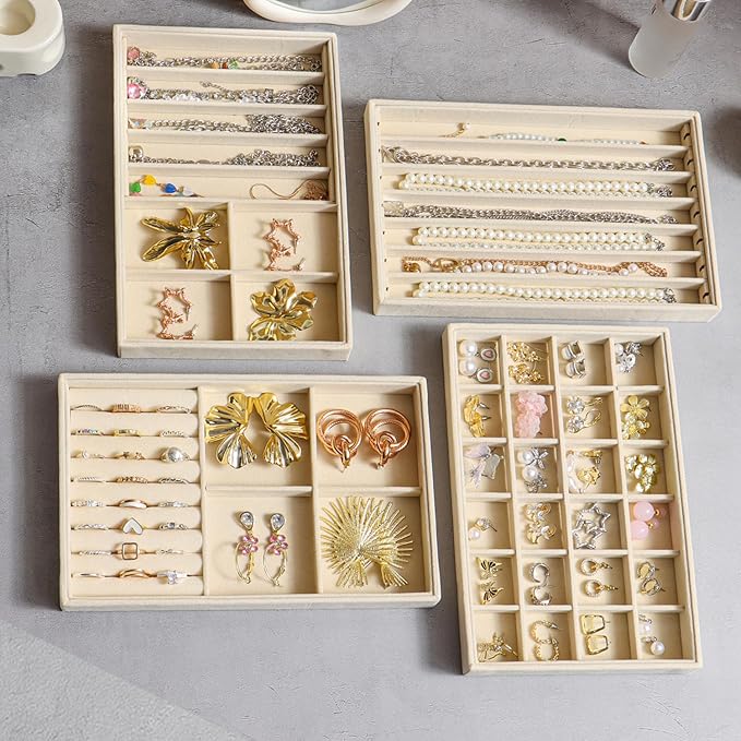 Jewelry Drawer Organizer Inserts Tray, Set of 4 Velvet Stackable Jewelry Trays for Earring Necklace Rings Bracelets Watch (Beige)