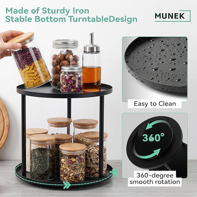 MUNEK 9" Lazy Susan Organizer,2 Tier Rotating Spice Rack Organization,Metal Lazy Susan for Table Top,Pantry, Bathroom, Vanity, Black