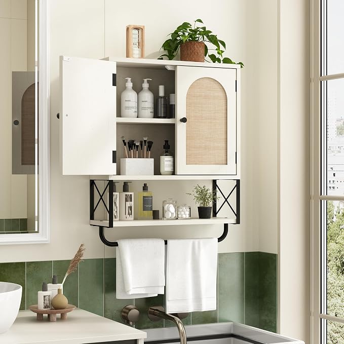 RUSTOWN Rattan Bathroom Wall Cabinet, Boho Over The Toilet Storage Cabinet | Arched Rattan Doors, Modern Medicine Cabinet, Adjustable Shelves, Towel Bar, Vintage White