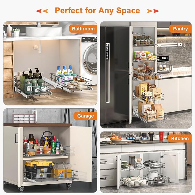 ALINE FURNITURE 2-Tier Pull Out Cabinet Organizer - 11" W x 22" D Soft Close Sliding Shelves with Shelf Liners - Pullout Drawers for Kitchen Cabinets, Pantry, Bathroom, Heavy Duty Steel Wire Baskets