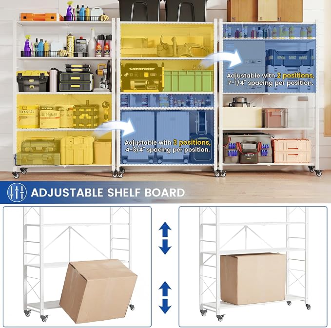 ALANNG 40" W Foldable 5-Tier Storage Shelves on Wheels Adjustable | Removable Metal Rack, Heavy Duty Rolling Organizer for Kitchen, Garage, Closet, Pantry, and Office (White,1 Pack)
