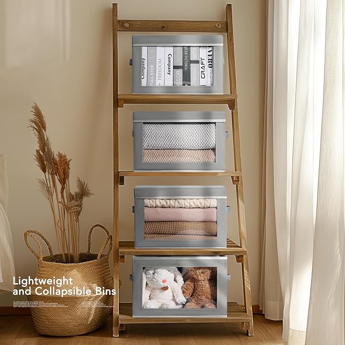 Homsorout Storage Bins with Lids - Fabric Closet Storage Bins with Window, Collapsible Baskets for Shelves 4 Pack, Home Decorative Boxes for Clothes, Closet, Office, Grey