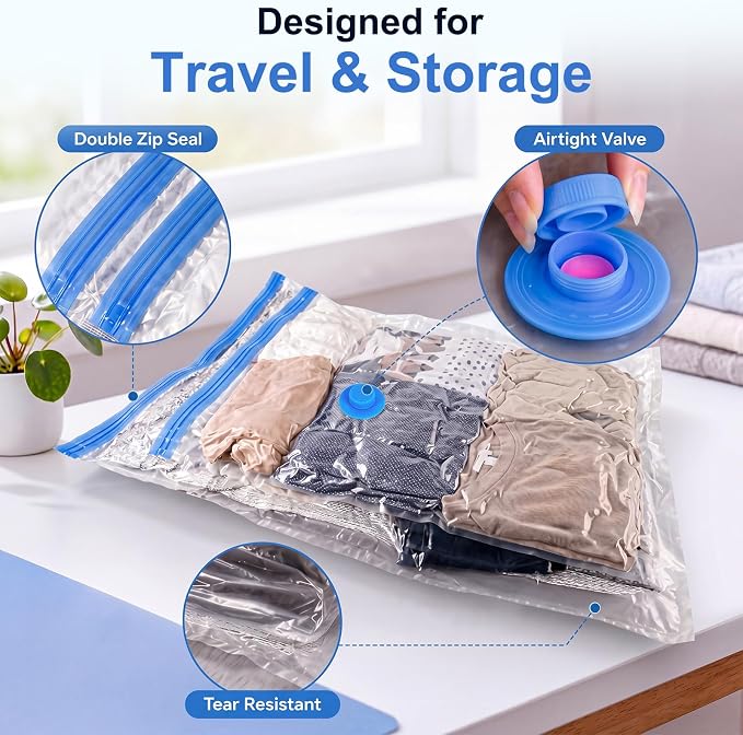 12 Pack Vacuum Storage Bags for Travel with Cordless Rechargeable Pump, Carry-On Compression Seal Bags for Luggage and Suitcase, Space Saver for Clothes and Packing