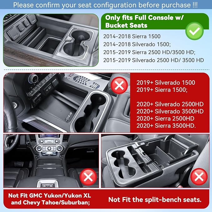Center Console Organizer Tray for 2014-2018 Chevy Silverado/GMC Sierra 1500 | 2015-2019 Silverado/Sierra 2500HD/3500HD Accessories, Armrest Storage Box Add Extra Storage, Full Console w/Bucket Seat ONLY