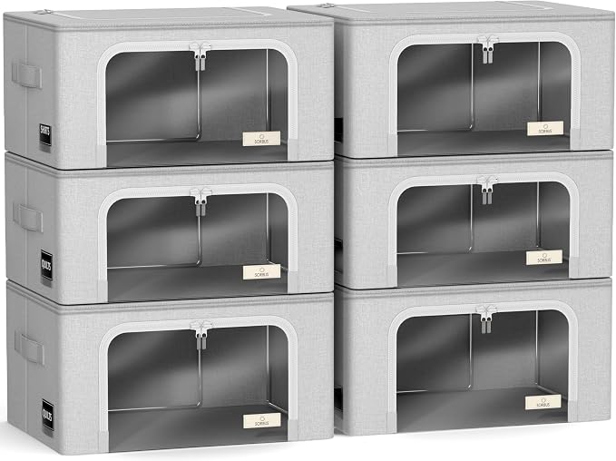 Sorbus Storage Bins with Metal Frame - Stackable & Foldable Clothes Organizer Bags - Oxford Fabric Storage Containers with Large Clear Window & Carry Handles, Bedroom Organization for Bedding & Linen
