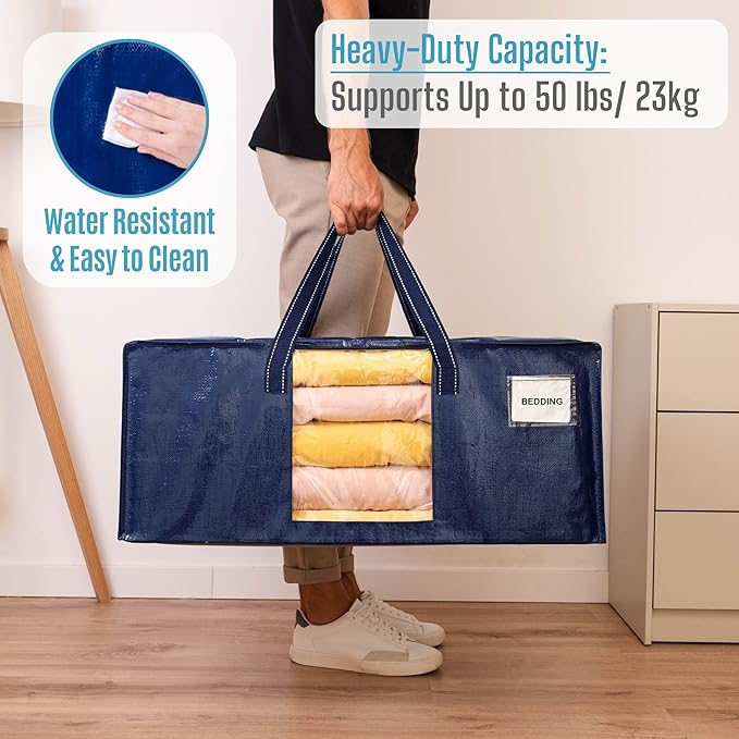 VENO 6 Pack Heavy Duty Moving Bags, Christmas Storage Bins with Lids, Transparent Window Design, Alternative to Moving Boxes, Storage Bags for Clothes, Blankets, Comforters, Pillows (Blue, 6 Pack)