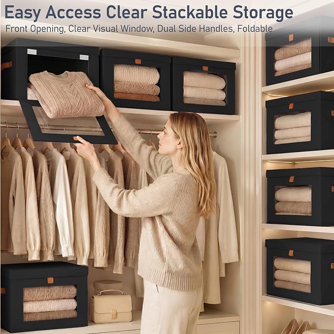 DIMJ Storage Bins with Lids - 6 Pack Front Opening Stackable Fabric Storage Boxes with Clear Window & Handles, Collapsible Closet Organizers for Clothes, Sweaters, Shelf Storage, Bedroom, Black