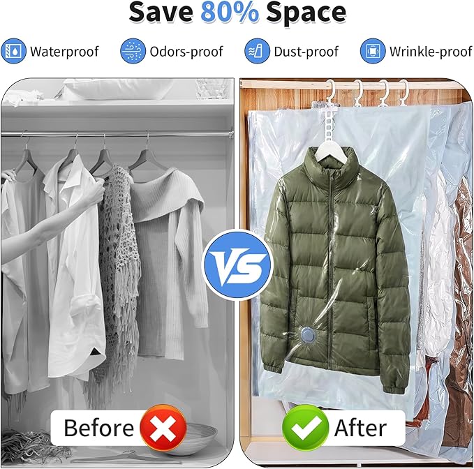 6-Pack Hanging Vacuum Storage Bags with Electric Pump – 3 Long & 3 Short Vacuum Seal Bags for Closet Organization, Space Saver for Suits, Jackets, Coats & Clothing