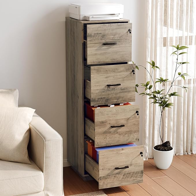 VINGLI 4 Drawer File Cabinet with Lock, Home Office Filing Organizer, for Letter Size File Folder Storage, Wood Tall Vertical Filing Cabinet, Printer Stand, Archivador (Rustic Gray)