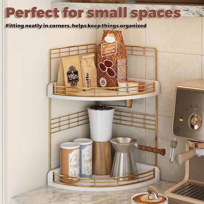 Bathroom Countertop Corner Organizer for Small Spaces, 2-Tier Counter Shelf | Oak Wood & Iron, Fan-Shaped Counter Shelf for Sink & Vanity Corners, Skincare, Toiletries, Compact Vertical Storage, White