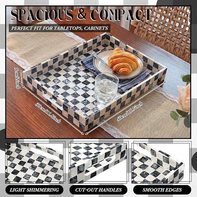 Reallnaive Mother of Pearl Lazy Susan for Table Turntable Organizer Marble Patterned Lazy Susan Wood Spinning Tray Rotating for Kitchen Cabinet Spice Pantry 12 Inch(Square,Black White Checkerboard)
