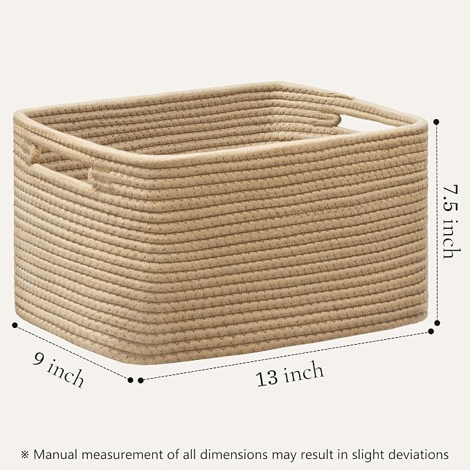 4 Pack Storage Baskets for Organizing, Woven Baskets for Shelves, Brown | 13"L x 9"W x 7.5"H, Woven Basket, Cotton Rope Basket, Toy Storage, Cube Shelf, Gift Baskets Empty, Home Decor