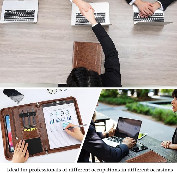 ProCase Portfolio Business Padfolio Folder with Zipper -Brown | Conference Meeting Executive File Legal Document Organizer with Pockets Letter Size A6 Writing Pad Notepad Padfolio
