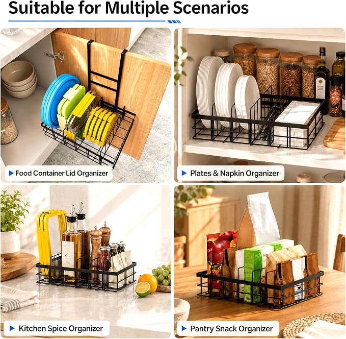 Metal Lid Organizers Inside Cabinet with Adjustable Dividers | Hanging Food Container Lids Holder, 4 Adjustable Dividers & 5 Sections, Matte Black Finish, Sturdy Metal, Kitchen Storage