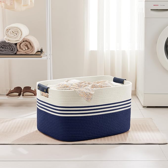 72L Large Woven Laundry Basket Hamper with Leather Handles,Navy | 22"x17"x12", collapsible wicker hamper, storage for dirty clothes, toys, blankets, gifts, living room, bedroom, bathroom