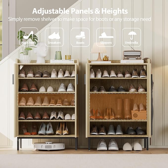 Mericonia Shoe Cabinet with Metal Legs, Farmhouse Large 5-Tier Shoe Storage Cabinet with Doors, Wooden Shoe Organizer for Entryway, Hallway (2 Door Shoe Cabinet, Oak-Modern)
