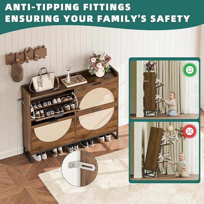 Flip Drawer Shoe Cabinet, Slim Narrow Entryway Storage Furniture with Hidden Flip-Open Organizer, Engineered Wood & Veneer Construction, Hallway Living Room Foyer, 4 Drawer, Oak