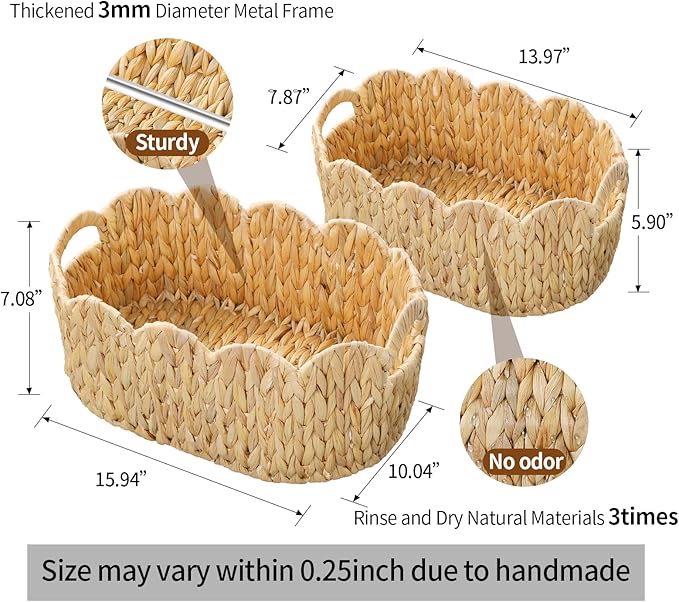 Coeusy Scalloped Basket Set of 2,Water Hyacinth Basket for Organizing and Decor,Hand-Woven Wicker Storage Baskets with Built-In Handles for Nursery,Gift