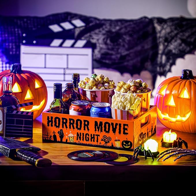 Movie Night Supplies Snack Trays with Handles Reusable Wooden Movie Gift Basket for Theater Popcorn Bucket Bowl Box Container Family Room Decor(Halloween Style)