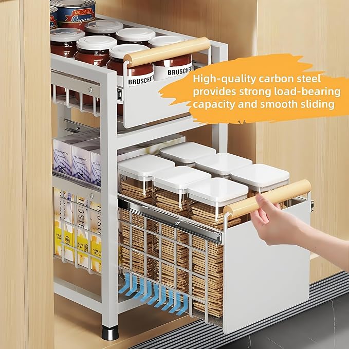 Pull Out Cabinet Organizer, Pull Out Basket Drawers for Cabinets, Slide Out Basket Drawers for Kitchen Cabinets, Under Sink Organizer for Kitchen, Bathroom (White Medium Double-tier)