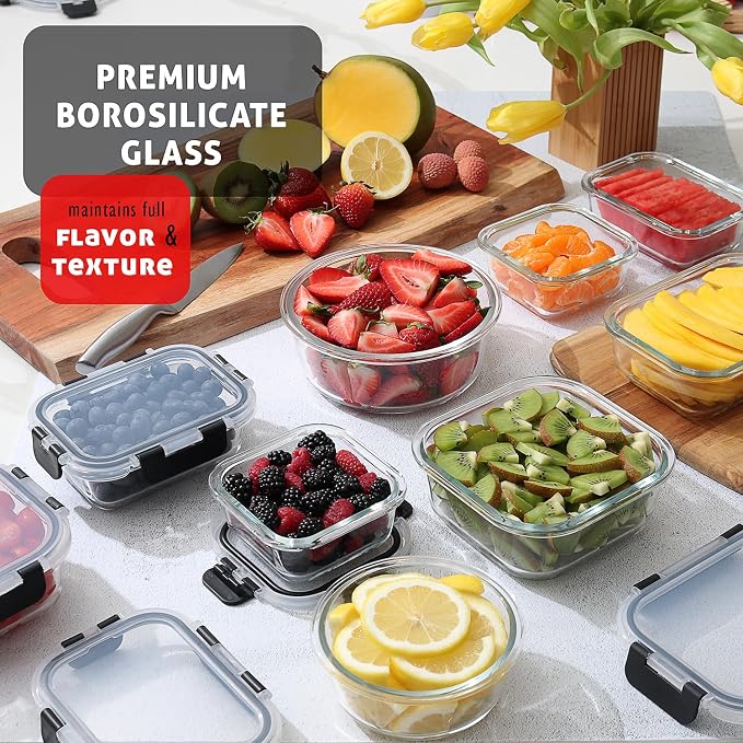 EATEX 32pc Glass Food Storage Containers with Lids, Airtight Glass Meal Prep, 16 Reusable Food Containers with 16 Leakproof Snap Lock Lids Oven Microwave Freezer Safe Lunch Containers