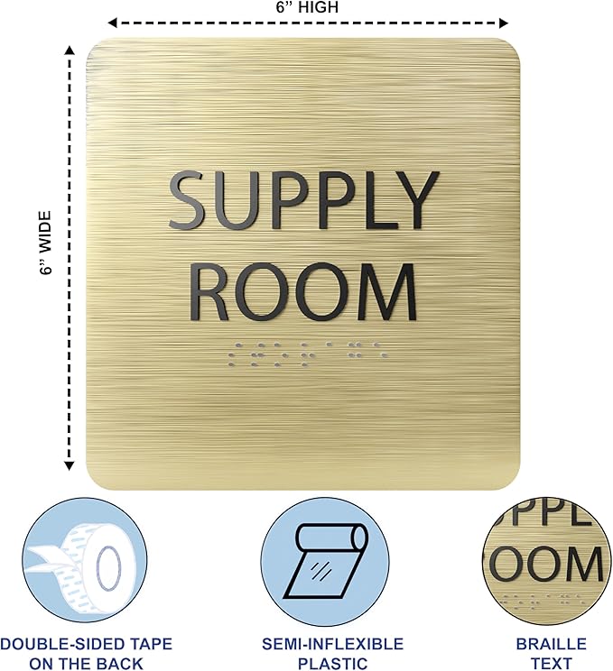 6" X6" Supply Room Sign - ADA Compliant Tactile Graphics Grade 2 Braille Text Acrylic Door Wall Signs - Stocking Tracking Monitoring Storage Room Sign for Office, School, Warehouse