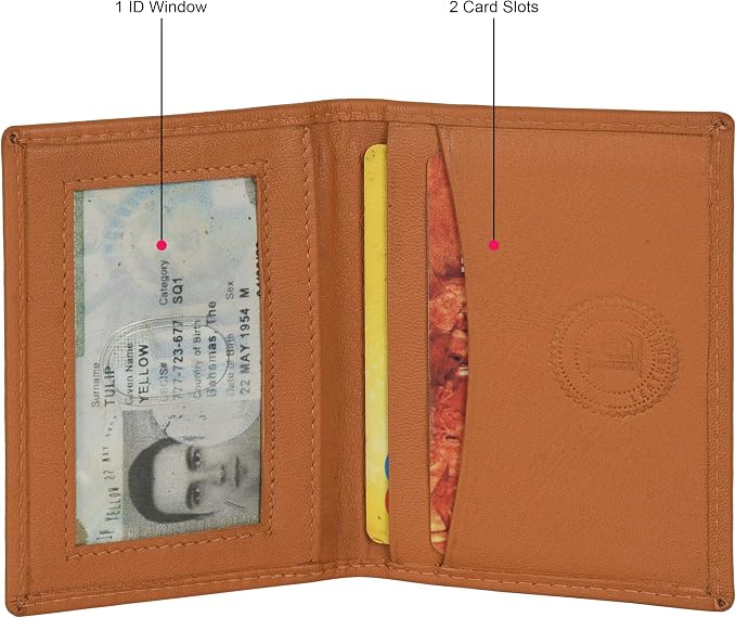 Leatherboss Genuine Leather Slim Thin Credit Debit Card ID Mini Holder Bifold Wallet Driver License Safe Holder, Tan