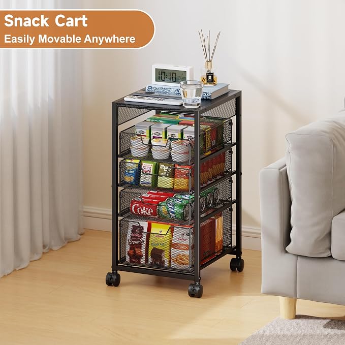 5-Tier Rolling Utility Cart with Adjustable Wood Top (Tabletop or Basket) | Metal Kitchen Storage Cart - Fruit Vegetable Storage Rack with Wheels & 4 Drawers,, Pantry Snack Cart for Cans, Craft, Art
