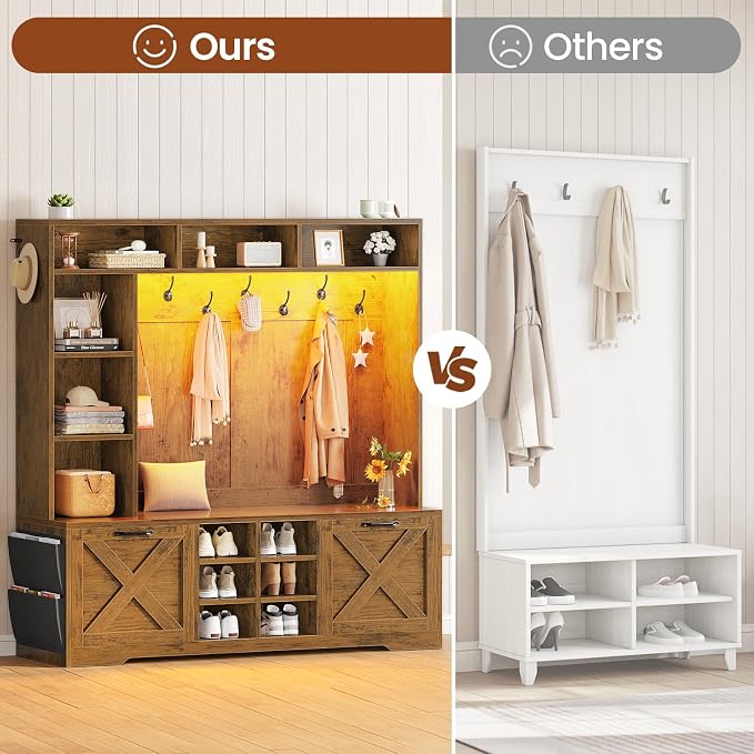 Itaar Hall Tree with Bench and Shoe Storage, 59.1" Farmhouse Entryway Bench with Coat Rack, Shoe Cabinet with Flip Drawers, 12 Shelves, 9 Coat Hooks, Storage Bag, Led Lights, Rustic Brown