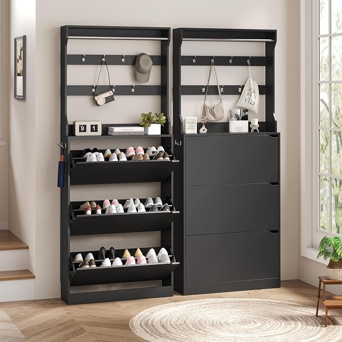 Wodeer Tall Shoe Cabinet with Coat Rack, Hidden Shoe Storage Cabinet with Doors & Drawer, Hanging Bar & Hooks, Slim Narrow Freestanding Shoe Rack Organizer for Entryway, Hallway & Living Room, Black