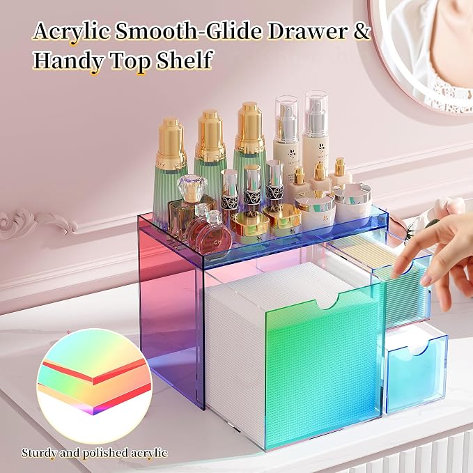 Youdepot Iridescent Acrylic Face Towel Holder with 3 Drawers | Disposable Face Towel Organizer for XL Facial Towels, Cotton Pads, Swabs, Skincare Tools, Bathroom Vanity Countertop