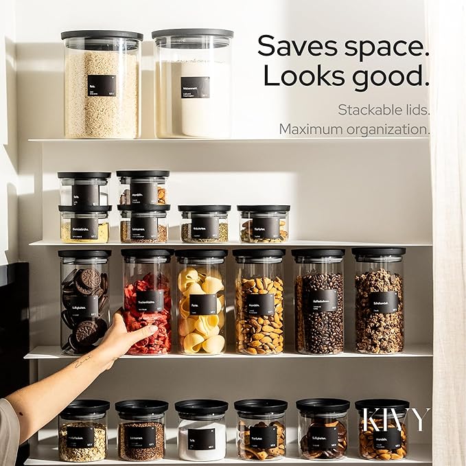 KIVY Glass spice jars transparent Glass Lid [6x 12oz] Stackable & Airtight small glass jars - Spice containers - Seasoning jars tea - Spice storage containers - Spice jars with black lids & labels