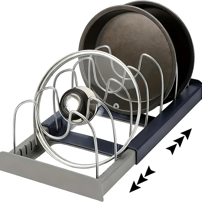 Pan Lid Organizer Inside Cabinet Expandable 12-22 Inch Kitchen Organizer Rack with 7 Dividers For Pot lid, cookware, baking pans and cutting boards
