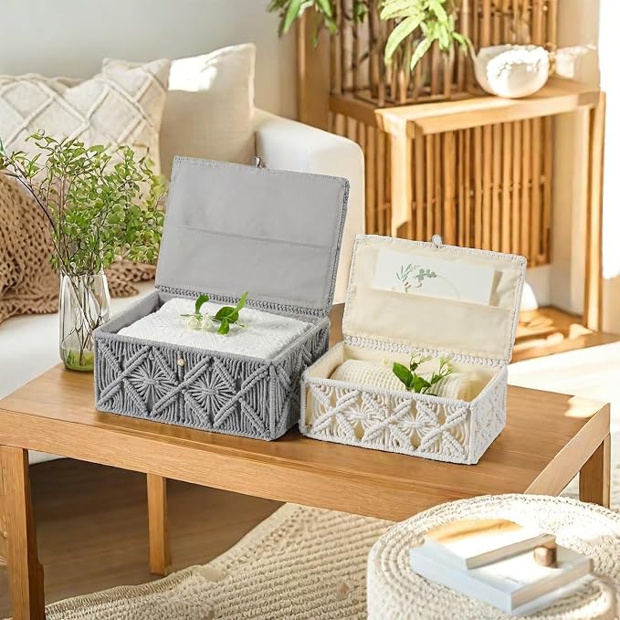 2PCS Decorative Boho Storage Baskets with Lid Bohemian Macrame Jewelry Box Handmade Natural Cotton Rope Woven Bins Memory Keepsake Photo Makeup Organizer Container (Gray, 1 Large 1 Small)