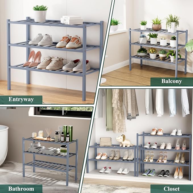 Smiry Small Bamboo Shoe Rack, 3 Tier Free Standing Wooden Shoe Organizer, Stackable Wood Shoe Storage Shelf for Closet, Entryway, 12 Vertical Slats, 2+1 Stack Standard Legs, 17.3"x11"x19.5", Grey