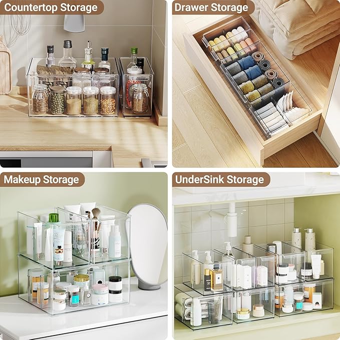 Clear Plastic Storage Bins with Dividers for Fridge Pantry Organizers and Storage Containers, 6 Pack Acrylic Stackable Sturdy Storage Boxes for Home Edit and Cabinet Organizers 6" High, C6-3