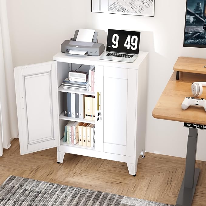 White Metal Storage Cabinet, 36" Tall Locking Storage Cabinet with 2 Adjustable Shelves, Steel Locker Organizer, for Office, Home, School, 11.81" D x 23.62" W x 35.83" H